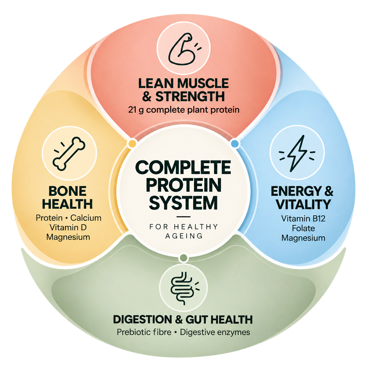 Complete Protein System for healthy ageing: lean muscle and strength, bone health, energy and vitality, and digestion and gut health