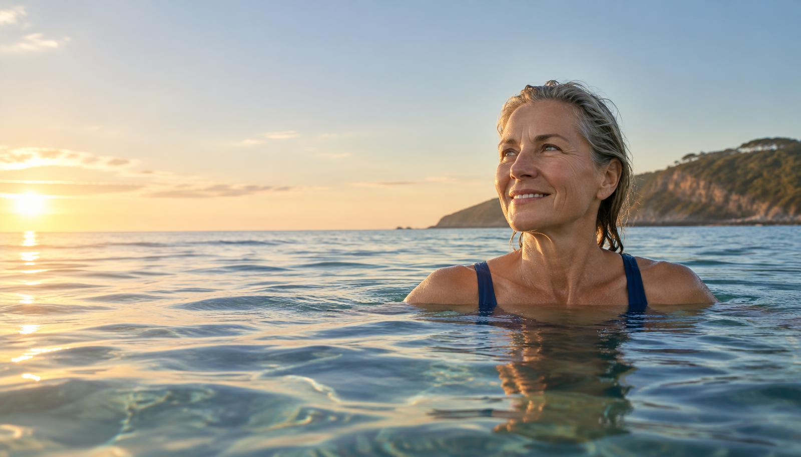 Woman enjoying an ocean swim at sunset