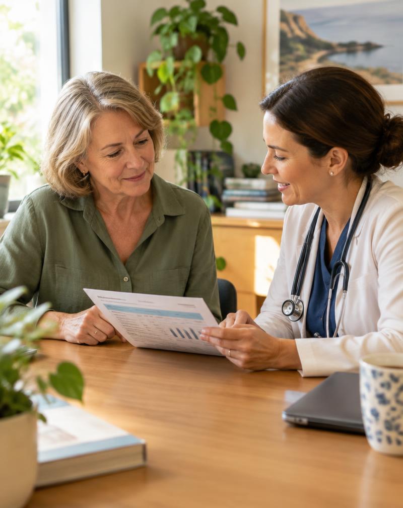 Woman around 60 reviewing a report with her GP