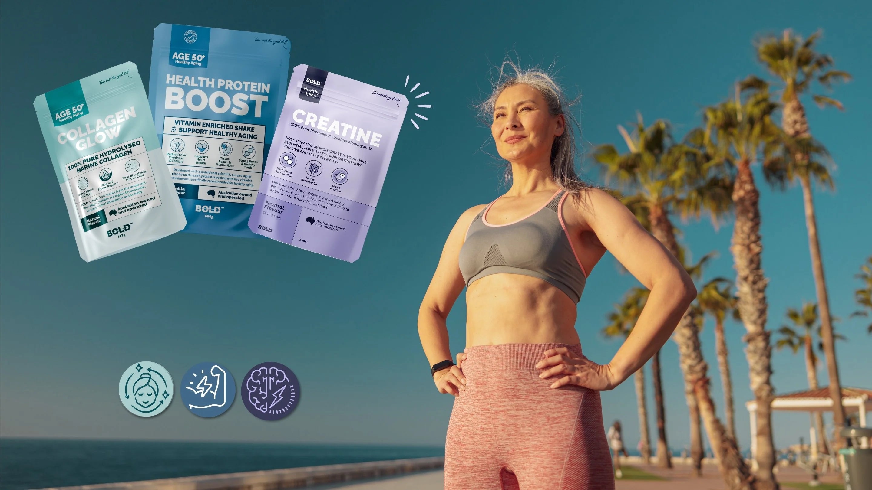 Woman in athletic wear standing on a beach with supplement packages and icons displayed.