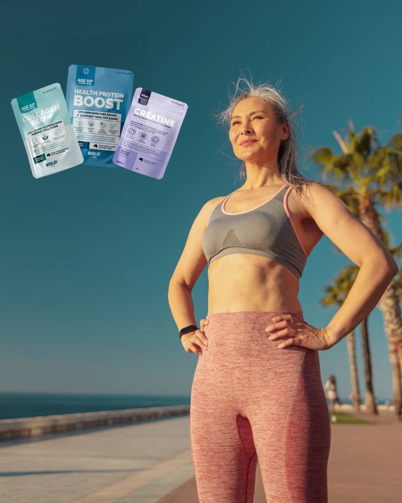 Woman in athletic wear standing outdoors with supplement packages inset.