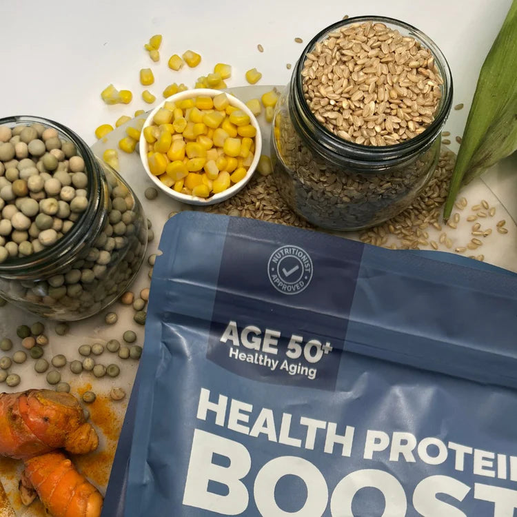 Health protein boost package with jars of seeds and a bowl of corn on a light background