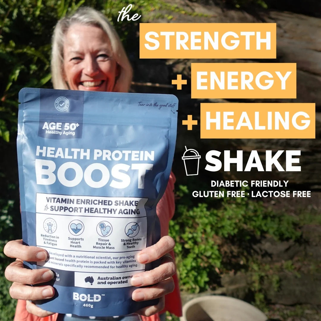 Person holding a protein shake package with promotional text about health benefits.